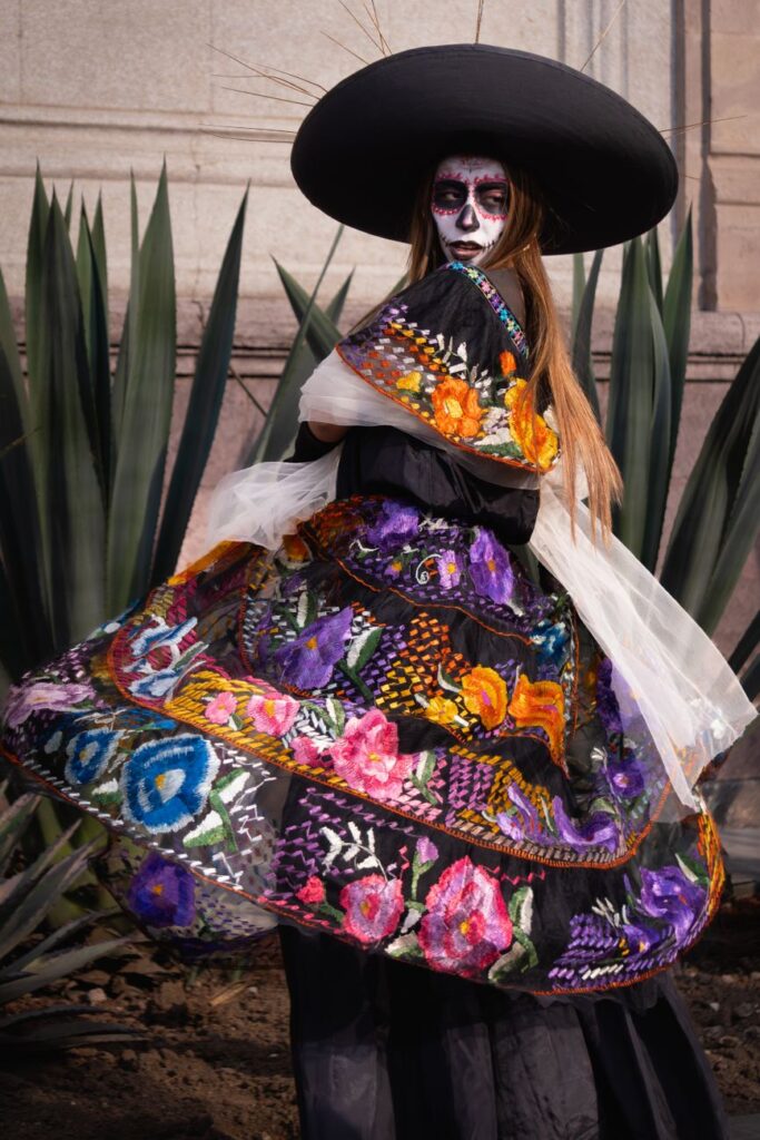 Colorful Catrina attire with traditional Mexican embroidery in Toluca de Lerdo.