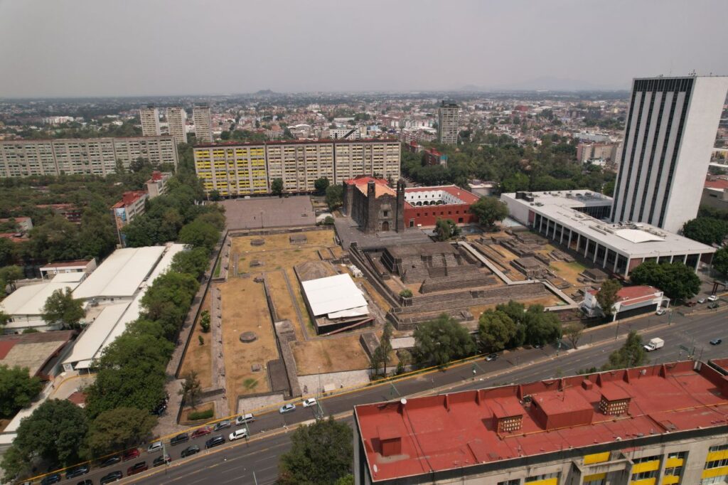 Aerial view of Tlatelolco archaeological site and surrounding cityscape in Ciudad de México, Mexico.